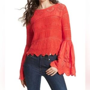 Free People Once Upon a Time Lace Bell-Sleeve Blouse-Coral